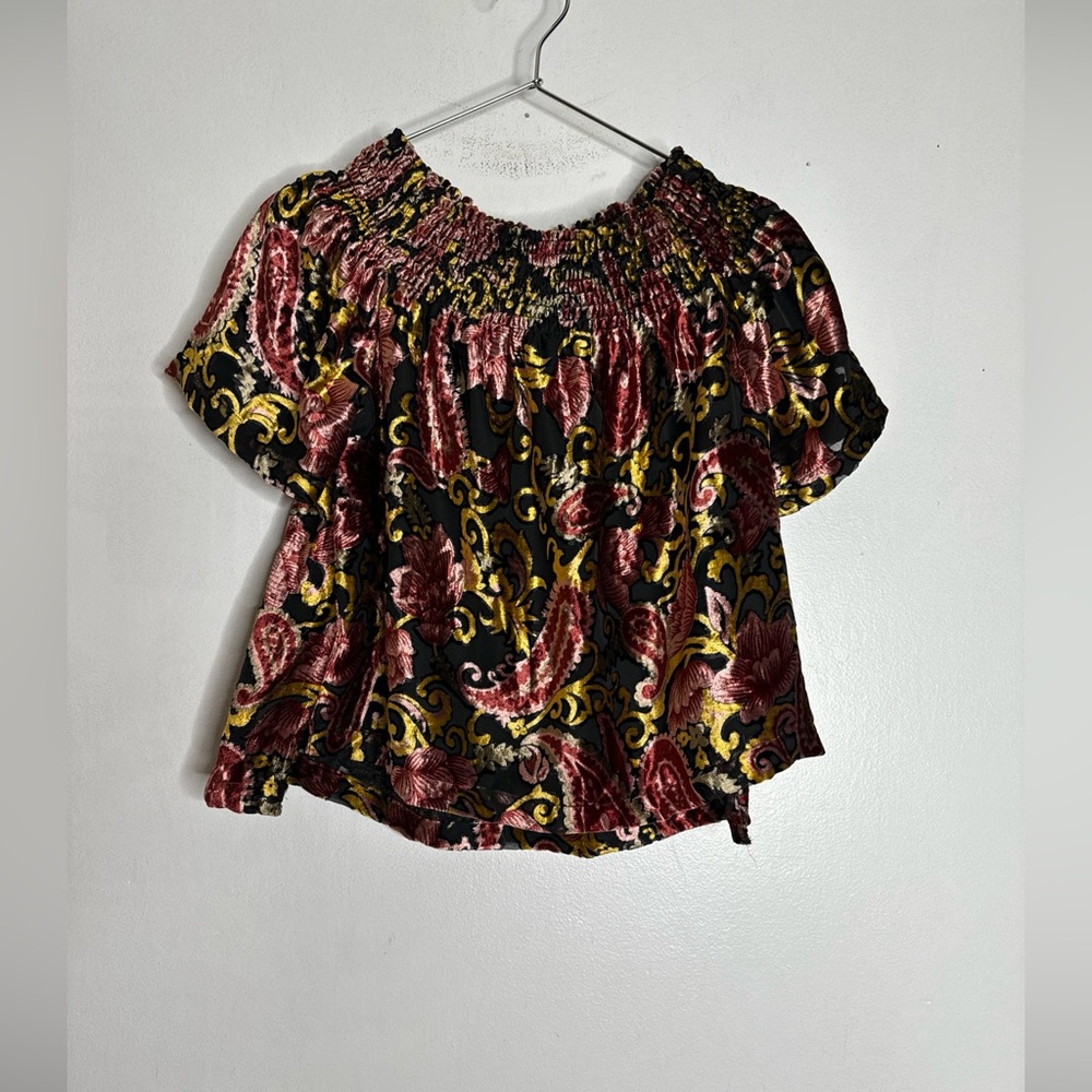 anthropologie seen worn kept Small Off Shoulder Velvet‎ Floral Top CP2022